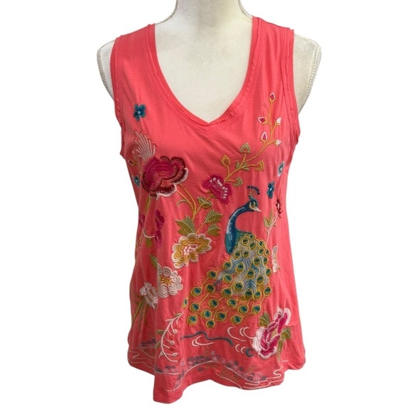 Johnny Was XS Embroidered Celina Tank Top Raw Edge V-Neck Peacock Floral Coral - Picture 2 of 14